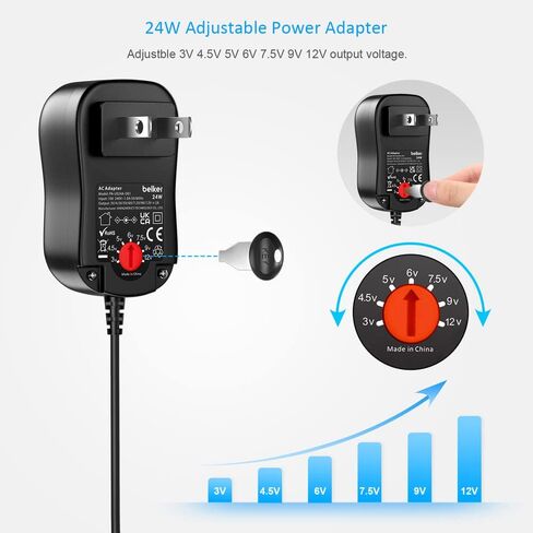 Belker 24W Universal 3V 4.5V 5V 6V 7.5V 9V 12V AC DC Adapter with 8 Tips in Saudi Arabia