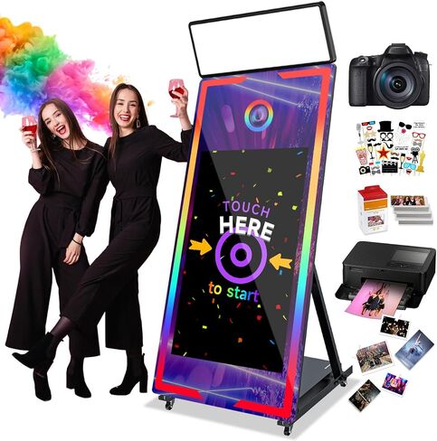 Magic Mirror Photo Booth with Camera and Printer, 40-22in Interactive Touch Screen Mirror Photo Booth with Flight Case,RGB Lights Instant Print and Sharing for Party Christmas(Black) in Saudi Arabia