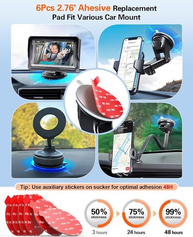 Adhesive Pad for Car Phone Mount: 6Pcs 2.76" Double Sided Tape Sticky Replacement for Dash Dashboard Windshield Suction Cup GPS Holder, 70mm Round Heat Resistant Sticker with Adhesion Promoter in Saudi Arabia