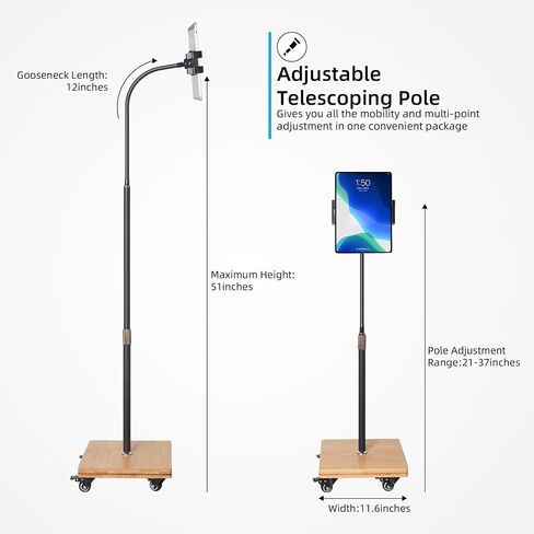 wishacc Tablet Floor Stand for Bed - Gooseneck Tablet Holder Mount with Adjustable Height and 4 Wheels, Compatible with iPad mini Air Pro 12.9/9.7, Galaxy Tab, Kindle, Cell Phones (4.7"-13") in Saudi Arabia