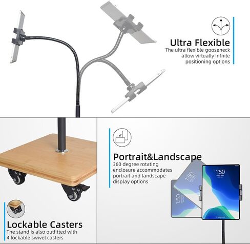 wishacc Tablet Floor Stand for Bed - Gooseneck Tablet Holder Mount with Adjustable Height and 4 Wheels, Compatible with iPad mini Air Pro 12.9/9.7, Galaxy Tab, Kindle, Cell Phones (4.7"-13") in Saudi Arabia