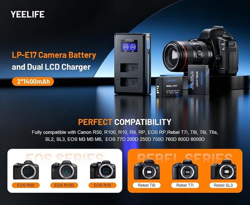 2 Pack LP-E17 Battery and LCD Charger for Canon EOS R50, R100, R10, R8/RP, Rebel T8i, T7i, T6i, T6s, SL2, SL3, M3, M5, M6, 200D, 750D, 760D, 800D, 8000D Cameras in Kuwait