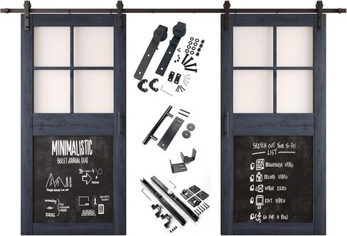 Navy 50 in. x 84 in. Double Sliding Barn Doors, Half Frosted Glass Cross Design with Chalkboard, Finished, Unassembled, Includes 18 ft Non-Bypass Hardware Kit, Interior Use Only in Saudi Arabia