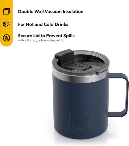RTIC Coffee Mug with Handle, 12 oz, Navy, Portable Travel Thermal Camping Cup, Vacuum-Insulated with Lid, Stainless Steel, Sweat Proof, Keeps Hot & Cold Longer in Saudi Arabia