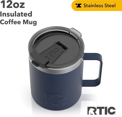 RTIC Coffee Mug with Handle, 12 oz, Navy, Portable Travel Thermal Camping Cup, Vacuum-Insulated with Lid, Stainless Steel, Sweat Proof, Keeps Hot & Cold Longer in Saudi Arabia