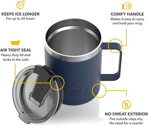 RTIC Coffee Mug with Handle, 12 oz, Navy, Portable Travel Thermal Camping Cup, Vacuum-Insulated with Lid, Stainless Steel, Sweat Proof, Keeps Hot & Cold Longer in Saudi Arabia