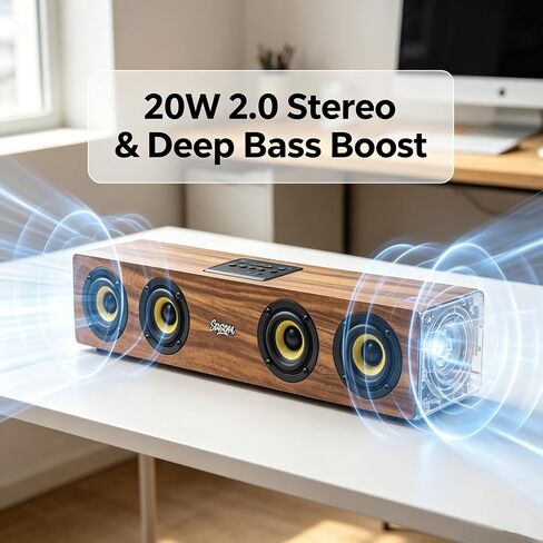 Retro Wooden Bluetooth 5.3 Portable Soundbar Speaker, 20W 2.0 Stereo with Bass Boost, TWS Pairing, USB/TF/AUX/FM Radio, for PC, Monitor, Laptop, Tablet & Smartphone in Saudi Arabia