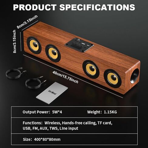 Retro Wooden Bluetooth 5.3 Portable Soundbar Speaker, 20W 2.0 Stereo with Bass Boost, TWS Pairing, USB/TF/AUX/FM Radio, for PC, Monitor, Laptop, Tablet & Smartphone in Saudi Arabia