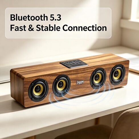 Retro Wooden Bluetooth 5.3 Portable Soundbar Speaker, 20W 2.0 Stereo with Bass Boost, TWS Pairing, USB/TF/AUX/FM Radio, for PC, Monitor, Laptop, Tablet & Smartphone in Saudi Arabia