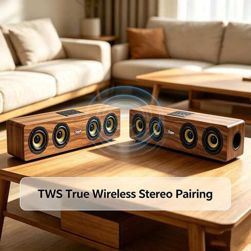Retro Wooden Bluetooth 5.3 Portable Soundbar Speaker, 20W 2.0 Stereo with Bass Boost, TWS Pairing, USB/TF/AUX/FM Radio, for PC, Monitor, Laptop, Tablet & Smartphone in Saudi Arabia