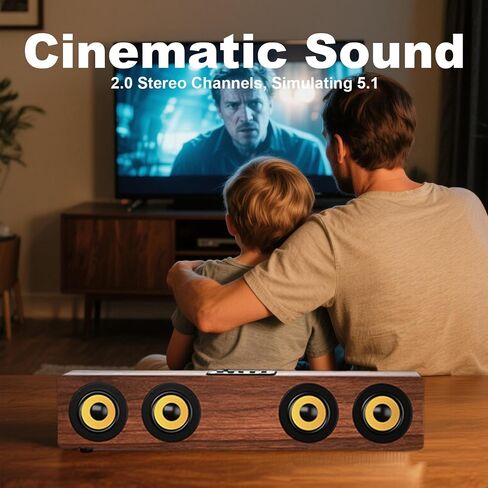 Retro Wooden Bluetooth 5.3 Portable Soundbar Speaker, 20W 2.0 Stereo with Bass Boost, TWS Pairing, USB/TF/AUX/FM Radio, for PC, Monitor, Laptop, Tablet & Smartphone in Saudi Arabia