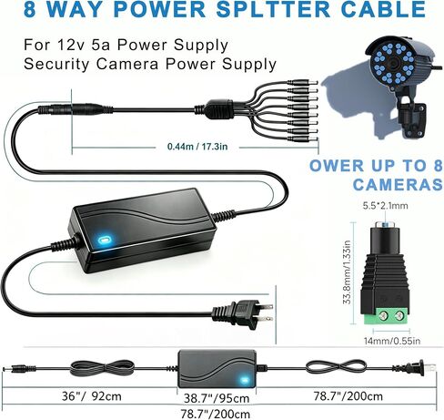 Security Camera Power Supply, CCTV Camera Power Adapter, 12V 5A Power Supply for Lorex,Samsung,Q-See,Night Owl,Swann,Annke,CCTV DVR Surveillance System, 5050 3528 LED Strip with 8-Way Splitter Cable in Saudi Arabia