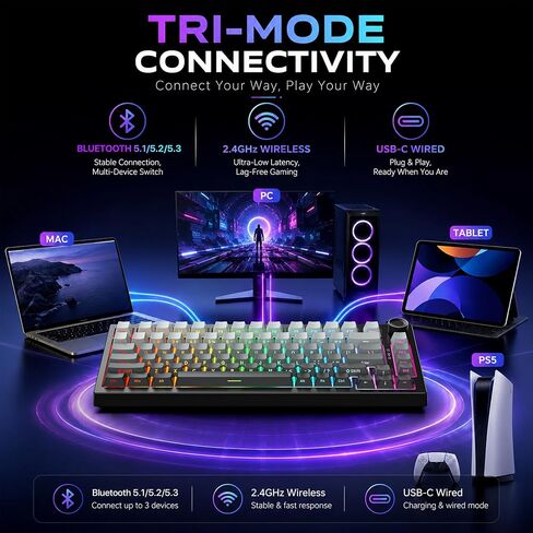 RASSE Mechanical Keyboard, Gaming Keyboard with Media Knob, Hot-Swappable Custom Keyboard Compact 75% Layout, Side-Printed PBT Keycaps, Tri-Mode Bluetooth/2.4G/USB-C for PC Mac Laptop in Saudi Arabia