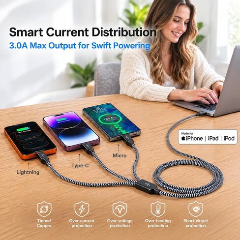 Short 3 in 1 Multi Charging Cable 2ft 2Pack,MFi Certified fast charger cord in Saudi Arabia