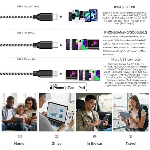 Short 3 in 1 Multi Charging Cable 2ft 2Pack,MFi Certified fast charger cord in Saudi Arabia