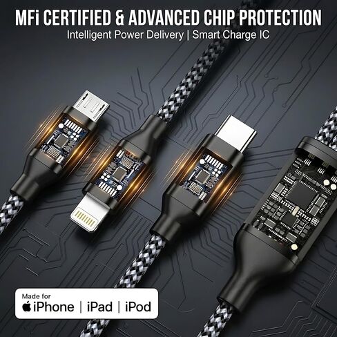 Short 3 in 1 Multi Charging Cable 2ft 2Pack,MFi Certified fast charger cord in Saudi Arabia