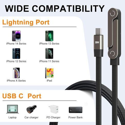 2-in-1 Invisible Holder Charger Cable, 30W PD Fast Charging Sideways Cord with Built-in Phone Stand, 90 Degree USB-C to Lightning Cable for iPhone 14/13/12/11/X/XR, iPad (2Pack) in Saudi Arabia