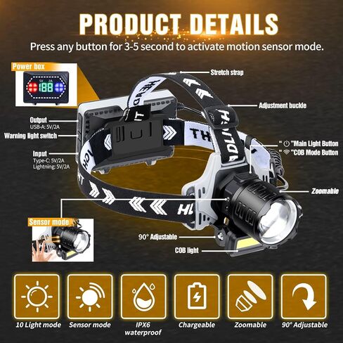 LED Headlamp Rechargeable 1000 Lumens Super Bright with 10 Modes & Motion Sensor, 2 Pack Head Lamp with Zoomable, IPX7 Waterproof, 135°Adjustable for Outdoor Hiking Camping in Saudi Arabia