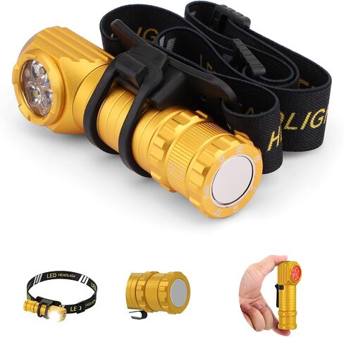 High Lumens LED Rechargeable Headlamp for Adults - Hard Hat Light Running Head Lamp with Red Light, Magnet, 180° Tilt, 7 Modes, Detachable Flashlight & Headband, Outdoor, Emergency 1PC,Gold in Kuwait