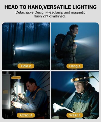 High Lumens LED Rechargeable Headlamp for Adults - Hard Hat Light Running Head Lamp with Red Light, Magnet, 180° Tilt, 7 Modes, Detachable Flashlight & Headband, Outdoor, Emergency 1PC,Gold in Kuwait