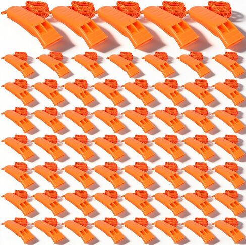 60 Pack Emergency Whistles with Lanyard | 120dB Loud Survival Whistles for Safety | Bright Orange Plastic Whistle for Camping, Hiking, Boating, Kayaking, and Outdoor Rescue Gear in Saudi Arabia