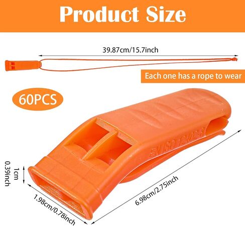 60 Pack Emergency Whistles with Lanyard | 120dB Loud Survival Whistles for Safety | Bright Orange Plastic Whistle for Camping, Hiking, Boating, Kayaking, and Outdoor Rescue Gear in Saudi Arabia