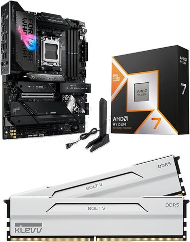Micro Center CPU Motherboard Memory Combo: AMD Ryzen 7 9800X3D CPU Processor + ASUS ROG Strix X870E-E R2 Gaming WiFi Motherboard + KLEVV Bolt V DDR5 32GB (2x16GB) 6400MHz CL30 Ram Memory White in Kuwait