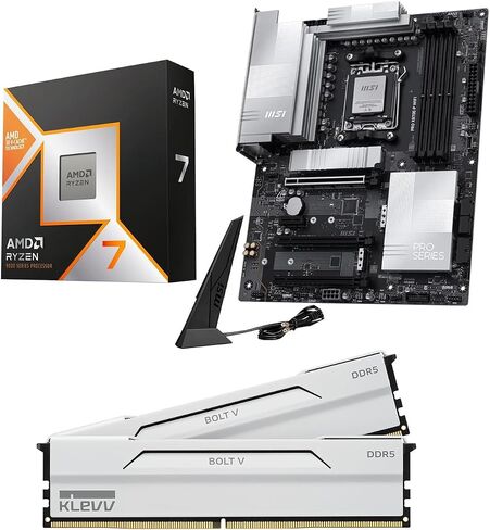 Micro Center CPU Motherboard Memory Combo: AMD Ryzen 7 9800X3D CPU Processor + MSI PRO X870E-P WiFi Motherboard + KLEVV Bolt V DDR5 32GB (2x16GB) 6400MHz CL30 Ram Memory White in Kuwait