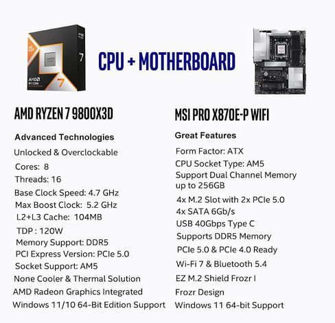 Micro Center CPU Motherboard Memory Combo: AMD Ryzen 7 9800X3D CPU Processor + MSI PRO X870E-P WiFi Motherboard + KLEVV Bolt V DDR5 32GB (2x16GB) 6400MHz CL30 Ram Memory White in Kuwait