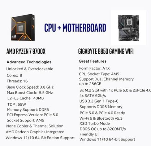 Micro Center CPU Motherboard Memory Combo: AMD Ryzen 7 9700X CPU Processor + GIGABYTE B850 Gaming Motherboard + KLEVV Urbane V RGB DDR5 32GB 6000MHz CL30 Ram Memory White in Saudi Arabia