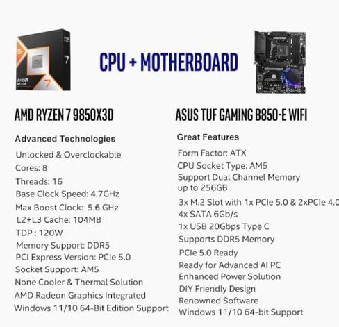 Micro Center CPU Motherboard Memory Combo: AMD Ryzen 7 9850X3D CPU Processor + ASUS TUF Gaming B850-E Motherboard + KLEVV Urbane V RGB DDR5 32GB 6000MHz CL30 Ram Memory White in Kuwait