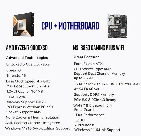 Micro Center CPU Motherboard Memory Combo: AMD Ryzen 7 9800X3D CPU Processor + MSI B850 Gaming Plus WiFi Motherboard + KLEVV Bolt V DDR5 32GB (2x16GB) 6000MHz CL28 Desktop Ram Memory White in Kuwait