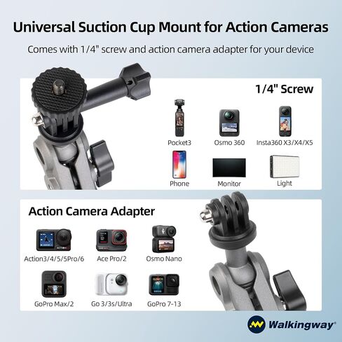 Walking Way Suction Cup Camera Mount, Metal Vacuum Cup for Car Windshield Window Boats for GoPro Hero 13/12/11, DJI Osmo Action 6/5 Pro/4, Procket 3/4, Insta360 X5/X4/X3, with Ball Head Magic Arm in Saudi Arabia