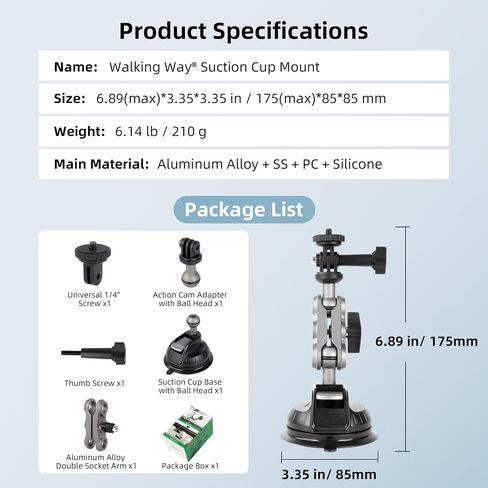 Walking Way Suction Cup Camera Mount, Metal Vacuum Cup for Car Windshield Window Boats for GoPro Hero 13/12/11, DJI Osmo Action 6/5 Pro/4, Procket 3/4, Insta360 X5/X4/X3, with Ball Head Magic Arm in Saudi Arabia