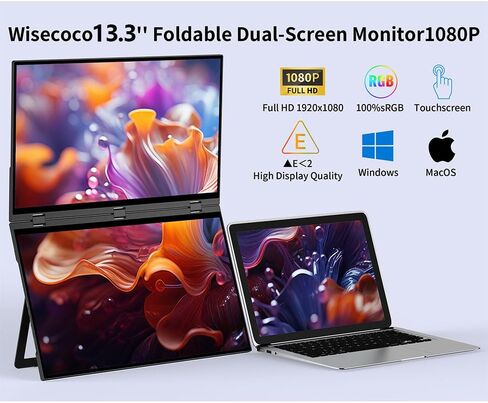 wisecoco 13.3'' Dual Touch Screen OLED Triple Monitor IPS FUD 1080P USB-C HDMI HDR Secondary Display Foldable Laptop PC Gaming Monitor 100% sRGB Windows Mac Android Plug&Play Flip S3+ in Saudi Arabia