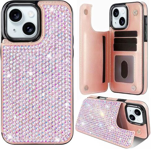 for iPhone 15 Plus Bling Wallet Case for Women with Credit Card Holders,PU Leather Flip Glitter Rhinestone Phone Case,Sparkle Luxury Fashion Shockproof Protective Cover in Kuwait