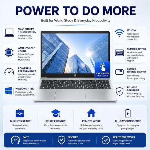 HP 2026 Edition Business Laptop, 15.6" FHD IPS Touchscreen, AMD Ryzen 7 7730U 8-Core 16-Thread Processor for Multitasking, 32GB RAM, 512GB SSD, Numeric Keypad, Camera Privacy Shutter, Windows 11 in Saudi Arabia
