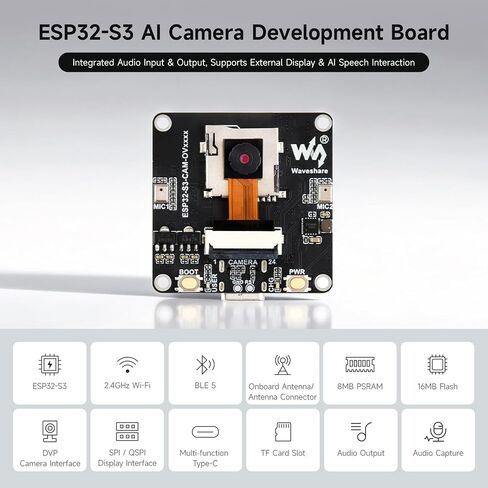 Waveshare ESP32-S3 AIoT Camera Development Board, Integrated Audio Input and Output Module, Supports Connecting External Display, Image Capture & Recognition and AI Speech Interaction Support, OV3660 in Kuwait