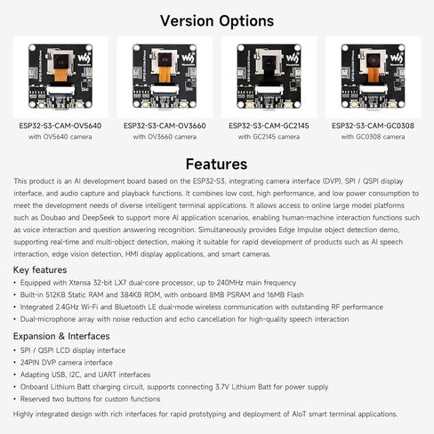 Waveshare ESP32-S3 AIoT Camera Development Board, Integrated Audio Input and Output Module, Supports Connecting External Display, Image Capture & Recognition and AI Speech Interaction Support, OV3660 in Kuwait