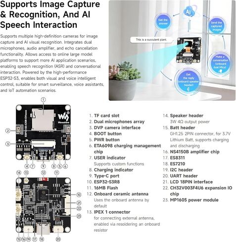 Waveshare ESP32-S3 AIoT Camera Development Board, Integrated Audio Input and Output Module, Supports Connecting External Display, Image Capture & Recognition and AI Speech Interaction Support, OV3660 in Kuwait