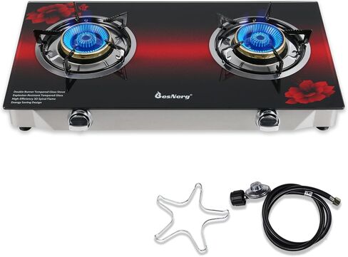 2 Burner Propane Gas Stove with Auto Ignition, 29000 BTU High-Efficiency Heavy-Duty Tempered Glass Cooktop, CSA Regulator & Hose Included, for Outdoor Camping Emergency in Saudi Arabia