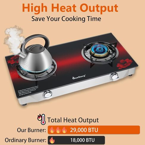 2 Burner Propane Gas Stove with Auto Ignition, 29000 BTU High-Efficiency Heavy-Duty Tempered Glass Cooktop, CSA Regulator & Hose Included, for Outdoor Camping Emergency in Saudi Arabia