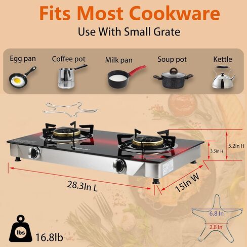 2 Burner Propane Gas Stove with Auto Ignition, 29000 BTU High-Efficiency Heavy-Duty Tempered Glass Cooktop, CSA Regulator & Hose Included, for Outdoor Camping Emergency in Saudi Arabia