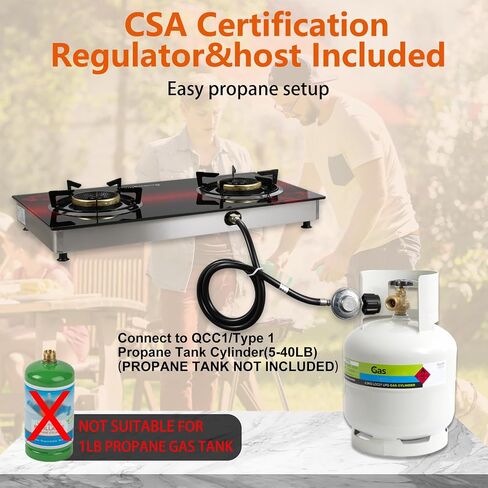 2 Burner Propane Gas Stove with Auto Ignition, 29000 BTU High-Efficiency Heavy-Duty Tempered Glass Cooktop, CSA Regulator & Hose Included, for Outdoor Camping Emergency in Saudi Arabia