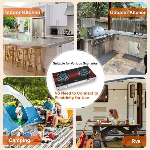 2 Burner Propane Gas Stove with Auto Ignition, 29000 BTU High-Efficiency Heavy-Duty Tempered Glass Cooktop, CSA Regulator & Hose Included, for Outdoor Camping Emergency in Saudi Arabia