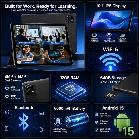 Tablet Android 15 Tablet 10.1 in: 12GB RAM + 64GB ROM/128GB Card, up to 2TB in Kuwait