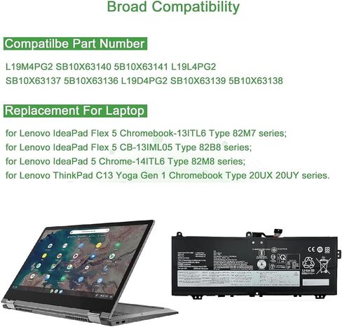 بطارية كمبيوتر محمول L19L4PG2 L19D4PG2 L19M4PG2 لجهاز Lenovo ThinkPad C13 Yoga الجيل الأول من سلسلة Chromebook، IdeaPad Flex 5-1470 1570 CB-13IML Series SB10X63137 SB10X63139 SB10X63140 (7.68 فولت 51 وات) in Kuwait