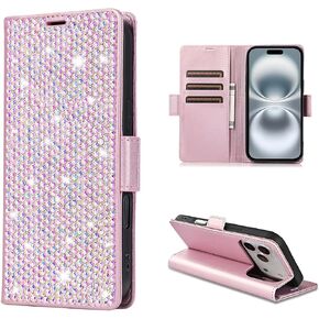 Compatible with iPhone 17 Pro 6.3" Bling Wallet Case with Credit Card Holder,Women Glitter Flip Phone Case Sparkle Rhinestone，RFID Blocking PU Leather Kickstand Shockproof Cover(Pink) in Saudi Arabia
