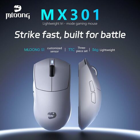 ماوس ألعاب لاسلكي MLOONG MX301، مستشعر بصري للرياضات الإلكترونية 16000 نقطة لكل بوصة، خفيف الوزن للغاية 56 جرام، عمر بطارية 140 ساعة، وضع بلوتوث 5.2 و2.4 جيجا مزدوج، برنامج تشغيل الويب للاعب الكمبيوتر/Mac/الكمبيوتر المحمول in Kuwait