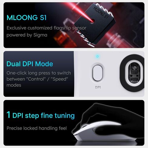 ماوس ألعاب لاسلكي MLOONG MX301، مستشعر بصري للرياضات الإلكترونية 16000 نقطة لكل بوصة، خفيف الوزن للغاية 56 جرام، عمر بطارية 140 ساعة، وضع بلوتوث 5.2 و2.4 جيجا مزدوج، برنامج تشغيل الويب للاعب الكمبيوتر/Mac/الكمبيوتر المحمول in Kuwait